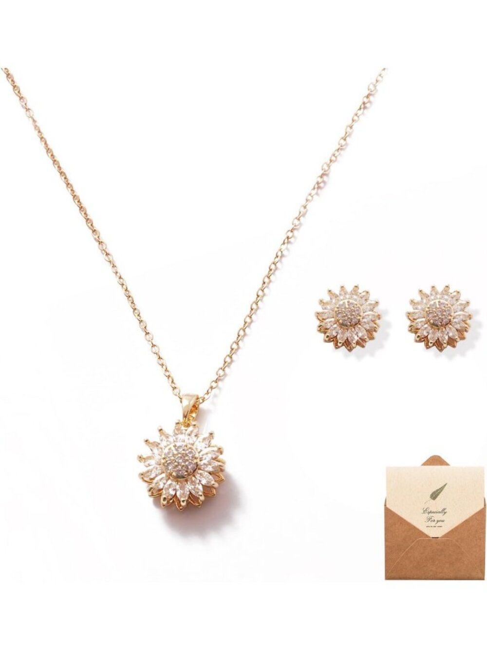 Elegant Sunflower Jewelry Set: Gold-Plated Necklace & Earrings with CZ, Gift